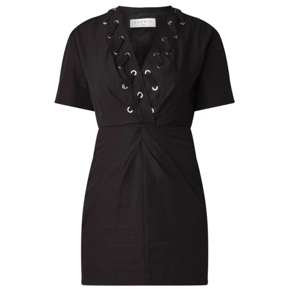 Sandroclara Black Lace-Up Surplice Neckline Short Sleeve Mini Dress